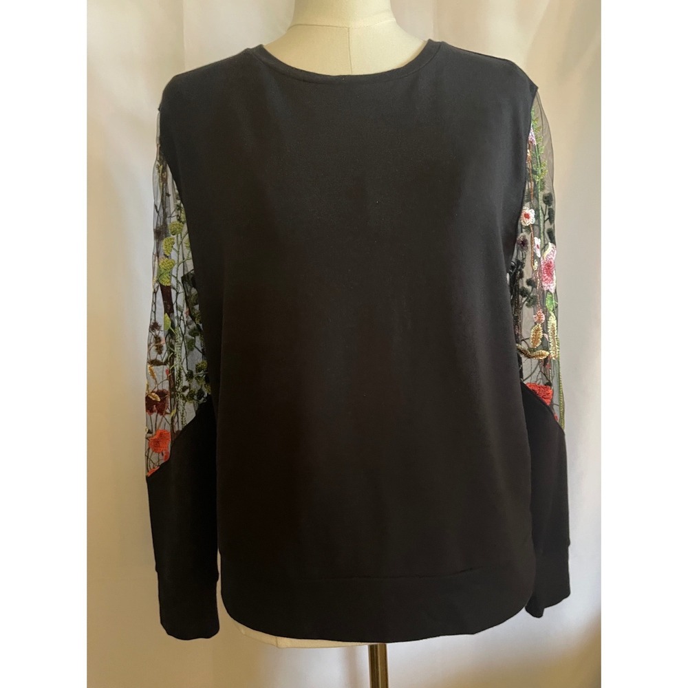 G by Giuliana Black Sweatshirt Embroidered Boho Sheer Floral Sleeve Top Small